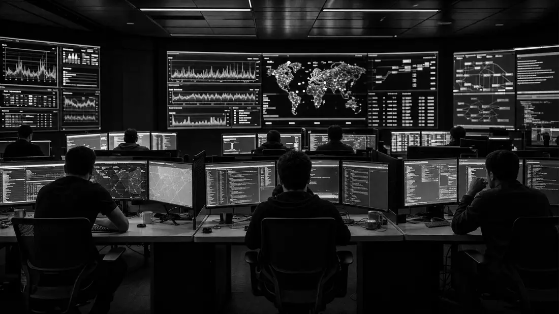 Schwarzweiß-Reportagefoto eines F5 Inc. Netzwerk-Operationszentrums mit IT-Sicherheitsingenieuren