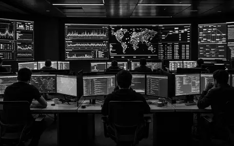 F5 Inc. zeigt Schwarzweiß Reportage von Ingenieuren im IT Netzwerk Operationszentrum ISIN US3156161024 - Foto: THN