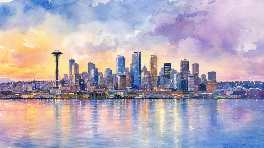 Aquarellpanorama der Seattle-Skyline mit Space Needle, Unternehmensstandort von F5 Inc