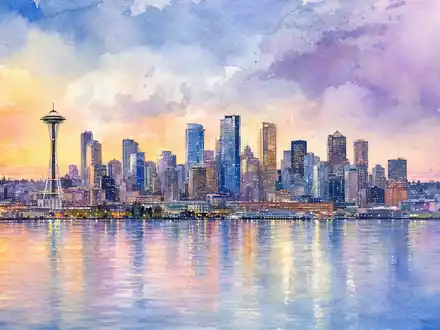 F5 Inc. Aquarellgemälde der Seattle-Skyline bei Abenddämmerung mit Hauptquartier und ISIN US3156161024 - Foto: THN