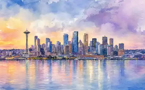 F5 Inc. AquarellgemÀlde der Seattle-Skyline bei AbenddÀmmerung mit Hauptquartier und ISIN US3156161024 - Foto: THN