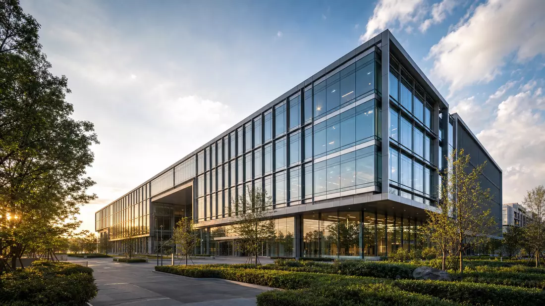 Architektur-Render eines modernen Glas-Stahl-Hochhauses als Technologie-Hauptsitz für F5 Inc