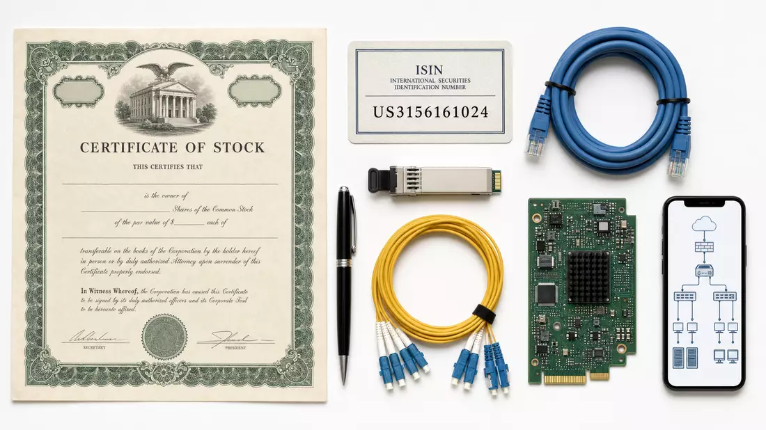 Flatlay-Arrangement für F5 Inc.: Aktienzertifikat, ISIN-Karte US3156161024, Netzwerkkabel und Platine