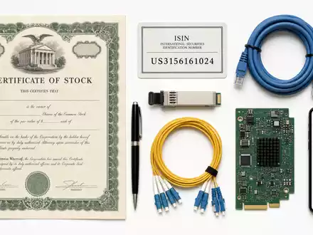 F5 Inc. Flatlay zeigt Aktienzertifikat ISIN-Karte US3156161024 mit Netzwerkkabel Platine und Glasfaser - Foto: THN
