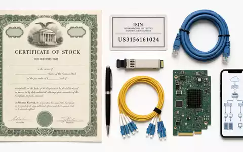 F5 Inc. Flatlay zeigt Aktienzertifikat ISIN-Karte US3156161024 mit Netzwerkkabel Platine und Glasfaser - Foto: THN