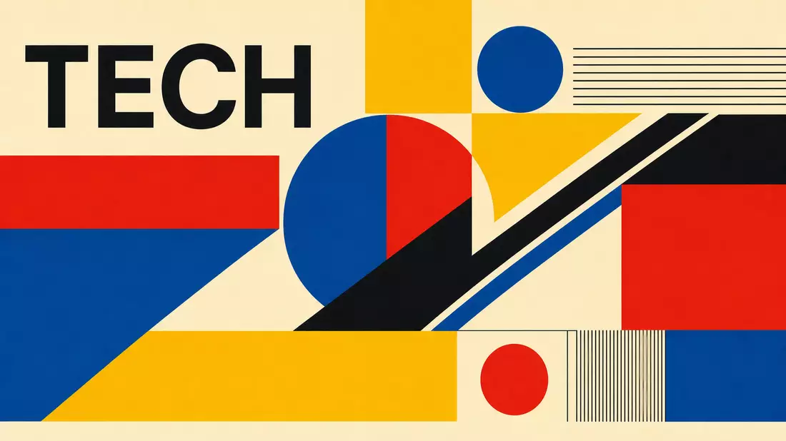 Bauhaus-Poster für F5 Inc. mit Sektor-Text TECH, geometrischen Formen und Primärfarben