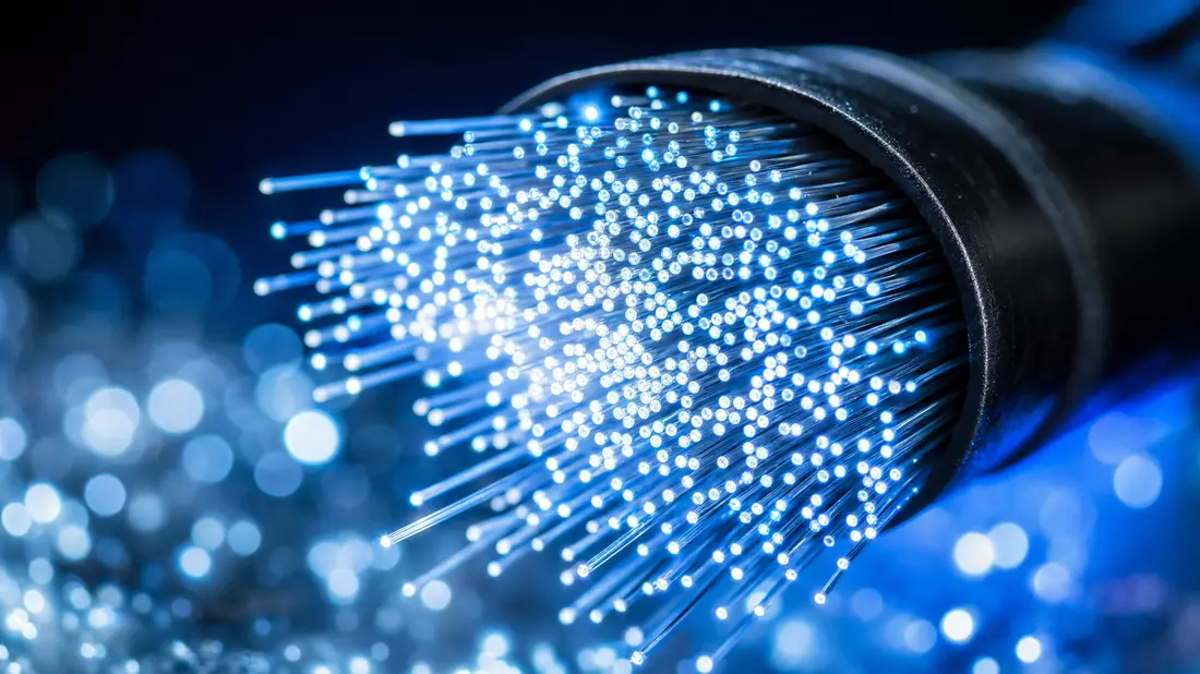 Extreme Makroaufnahme leuchtender Glasfaserkabel-Enden in Blau als Netzwerkmaterial von F5 Inc