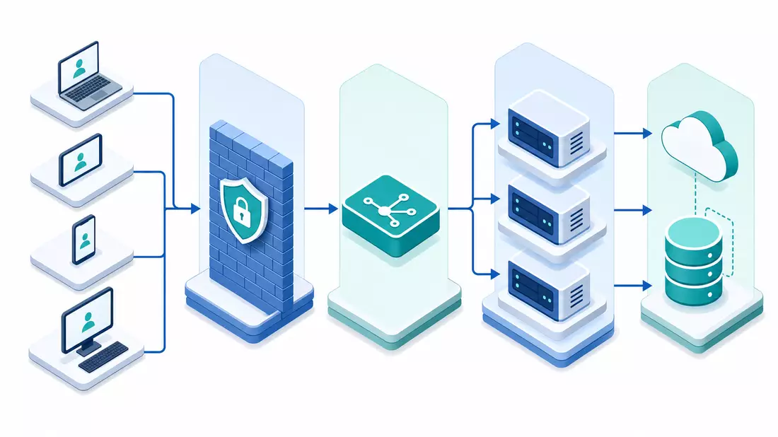 Isometrisches 3D-Prozessdiagramm der F5 Inc. Cloud-Applikationslieferkette mit Sicherheits-Firewall