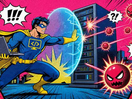 F5 Inc. Pop-Art-Comic mit IT-Superheld der einen Serverturm vor Cyberbedrohungen schĂŒtzt ISIN US3156161024 - Foto: THN