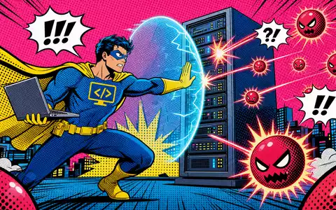 F5 Inc. Pop-Art-Comic mit IT-Superheld der einen Serverturm vor Cyberbedrohungen schützt ISIN US3156161024 - Foto: THN