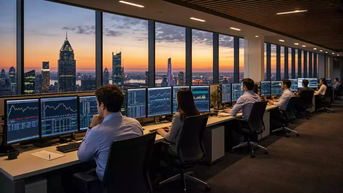Finanzanalysten bei FactSet Research vor Monitoren mit Börsencharts und Stadtblick im Büro