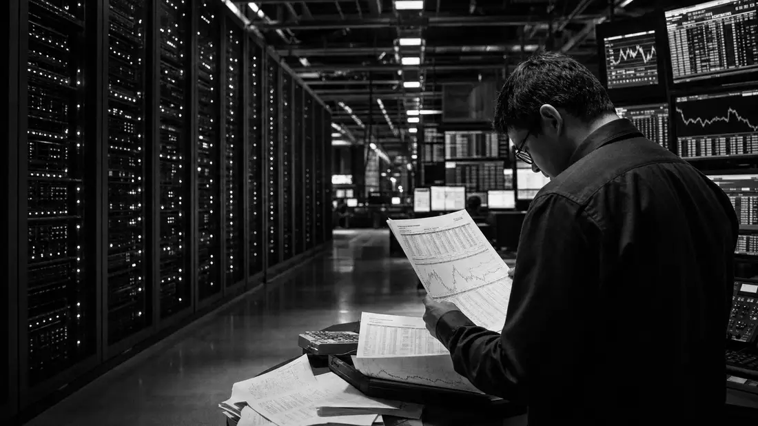 Techniker prüft Finanzberichte in dramatisch beleuchtetem Rechenzentrum, schwarz-weiß Reportage