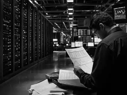FactSet Research US3030751057 – Schwarzweiß-Reportage dokumentiert einen Techniker im modernen Finanzdaten-Rechenzentrum bei der Arbeit - Foto: THN