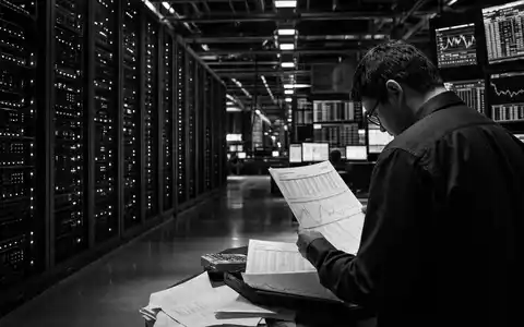 FactSet Research US3030751057 – Schwarzweiß-Reportage dokumentiert einen Techniker im modernen Finanzdaten-Rechenzentrum bei der Arbeit - Foto: THN