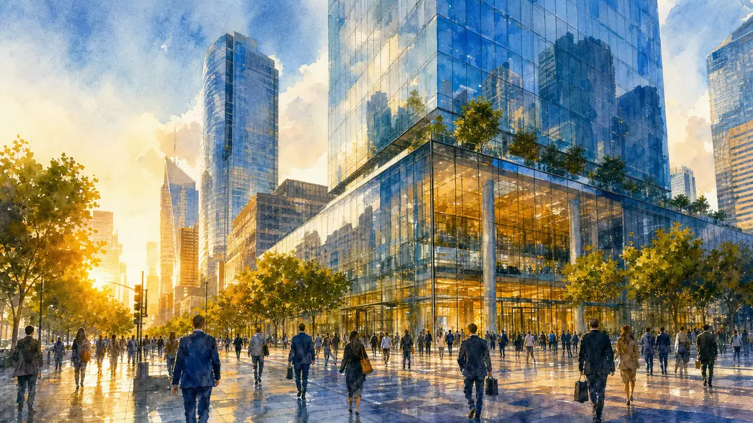 Aquarellmalerei eines Finanzviertels mit Glastürmen, goldenes Licht, Passanten auf der Straße