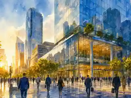 FactSet Research US3030751057 – Aquarell zeigt modernen Glasturm im sonnigen Finanzdistrikt mit Passanten - Foto: THN