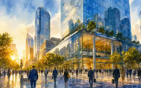 FactSet Research US3030751057 – Aquarell zeigt modernen Glasturm im sonnigen Finanzdistrikt mit Passanten - Foto: THN