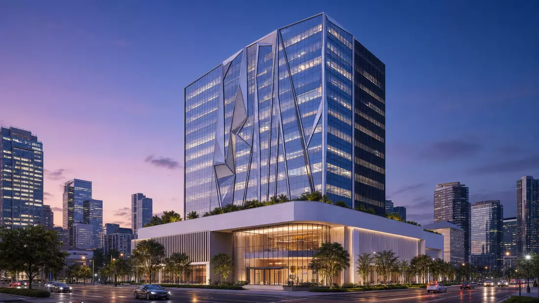 3D-Render modernes Bürogebäude mit Glasfassade im Finanzdistrikt bei Abenddämmerung, lila Himmel