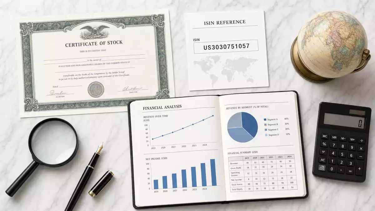 Flatlay mit Aktienzertifikat, ISIN US3030751057 Karte, Analyseheft, Taschenrechner, Globus auf Marmor