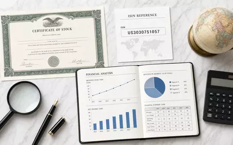 FactSet Research US3030751057 – Flatlay mit Aktienzertifikat ISIN-Karte Notizbuch Stift Taschenrechner und Globus - Foto: THN