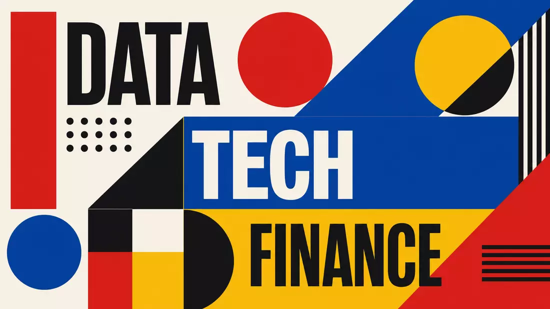 Geometrisches Bauhaus-Poster mit Texten DATA TECH FINANCE in Rot, Blau, Gelb und Schwarz