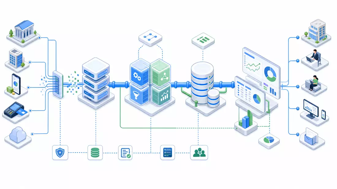 Isometrisches 3D-Diagramm Finanzdaten-Wertschöpfungskette mit Servern, Datenbanken und Dashboards