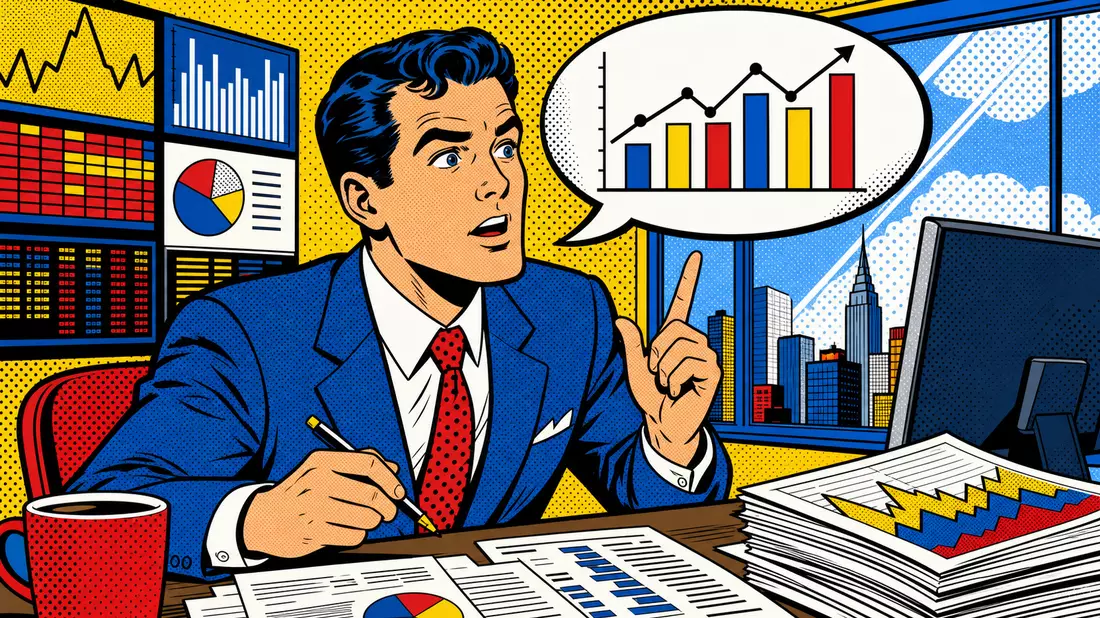Pop-Art-Comic Finanzanalyst mit Sprechblase und Börsenchart, Roy-Lichtenstein-Stil, bunt
