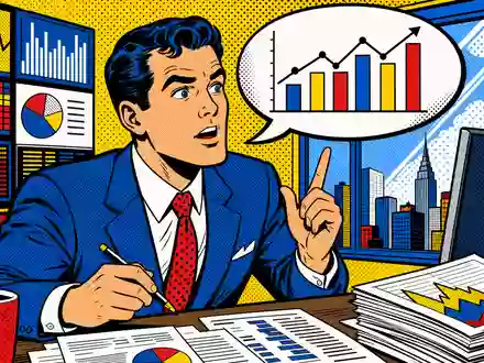 FactSet Research US3030751057 – Pop-Art-Comic zeigt Finanzanalysten mit bunten Börsencharts im Büro - Foto: THN
