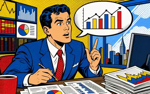 FactSet Research US3030751057 – Pop-Art-Comic zeigt Finanzanalysten mit bunten Börsencharts im Büro - Foto: THN