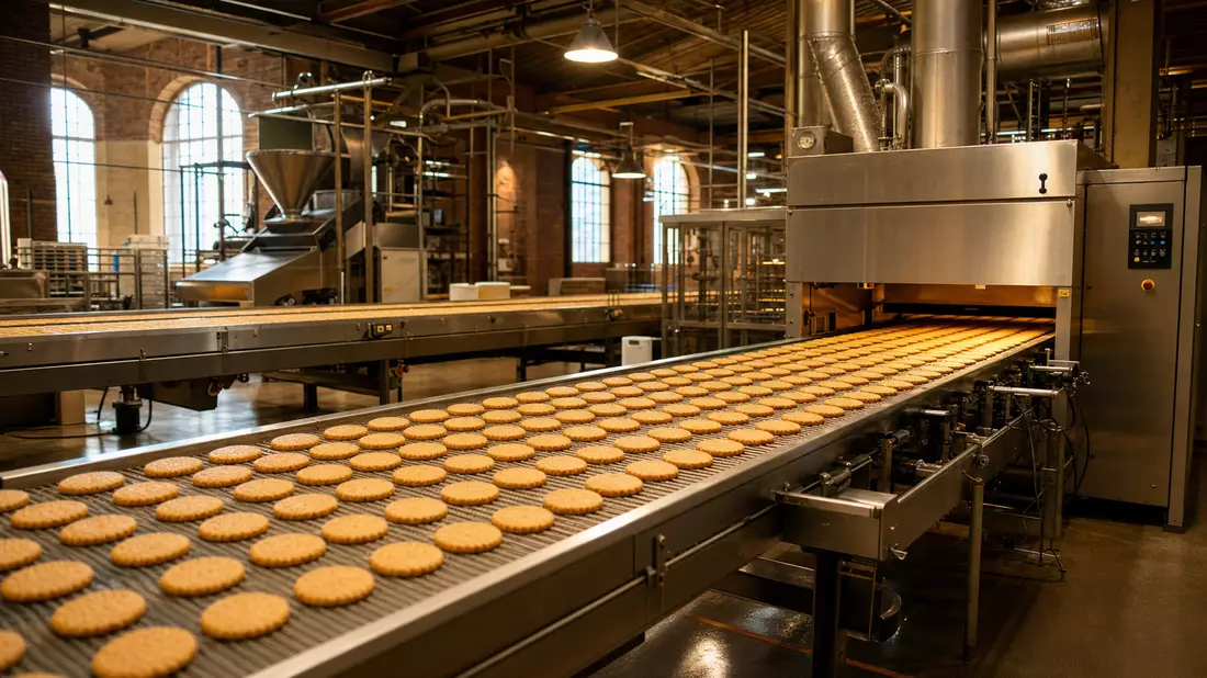 Industrielle Keksfabrik mit Förderband voller karamellisierter runder Kekse