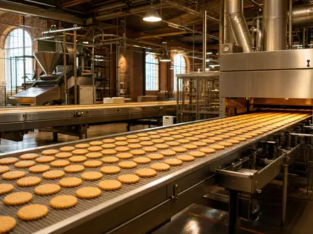 Fotorealistische Produktionshalle zeigt Lotus Bakeries NV BE0003604155 bei der Herstellung karamellisierter Kekse auf Förderbändern - Foto: THN