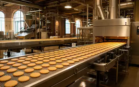 Fotorealistische Produktionshalle zeigt Lotus Bakeries NV BE0003604155 bei der Herstellung karamellisierter Kekse auf FörderbÀndern - Foto: THN
