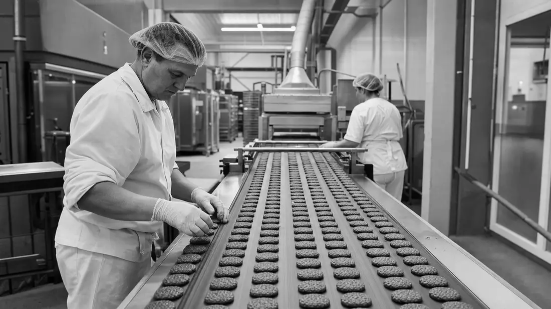 Schwarzweiß-Dokumentarfoto von Fabrikarbeitern an Kekse-Förderband
