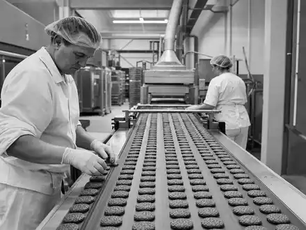 Schwarzweiß-Reportagefoto dokumentiert Arbeiter bei Lotus Bakeries NV BE0003604155 in der Keksproduktion einer belgischen Bäckerei - Foto: THN