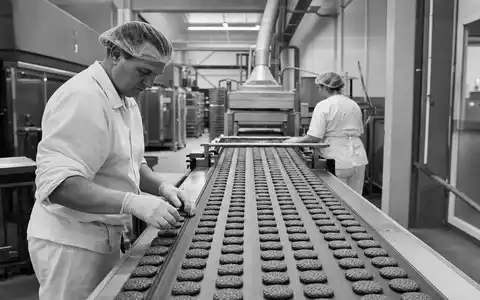Schwarzweiß-Reportagefoto dokumentiert Arbeiter bei Lotus Bakeries NV BE0003604155 in der Keksproduktion einer belgischen Bäckerei - Foto: THN