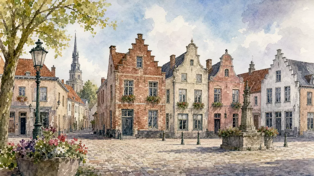 Aquarellmalerei eines historischen belgischen Marktplatzes mit Giebelhäusern