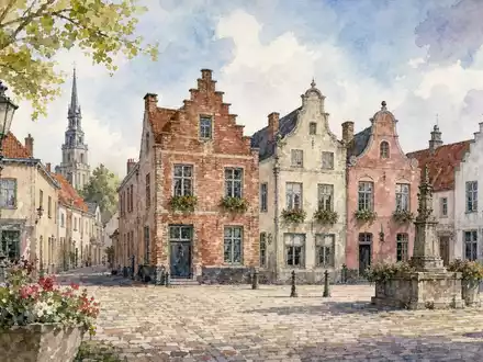 Aquarell-Ansicht einer belgischen Kleinstadt symbolisiert den Heimatstandort von Lotus Bakeries NV BE0003604155 in Belgien - Foto: THN
