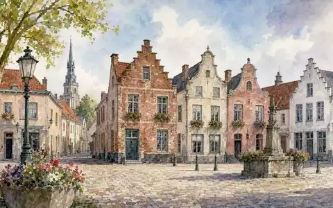 Aquarell-Ansicht einer belgischen Kleinstadt symbolisiert den Heimatstandort von Lotus Bakeries NV BE0003604155 in Belgien - Foto: THN