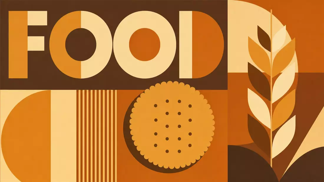 Bauhaus-Poster mit stilisiertem Keks, Getreideähre und Schriftzug FOOD