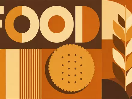 Geometrisches Bauhaus-Poster mit Keks- und Getreidemotiven symbolisiert die Branche von Lotus Bakeries NV BE0003604155 - Foto: THN