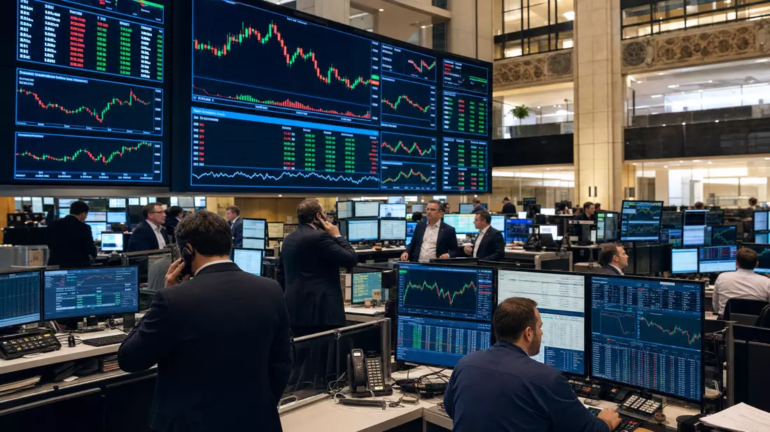 Trading-Floor mit großen Bildschirmen und Konsumgüter-Aktiencharts in Brüssel