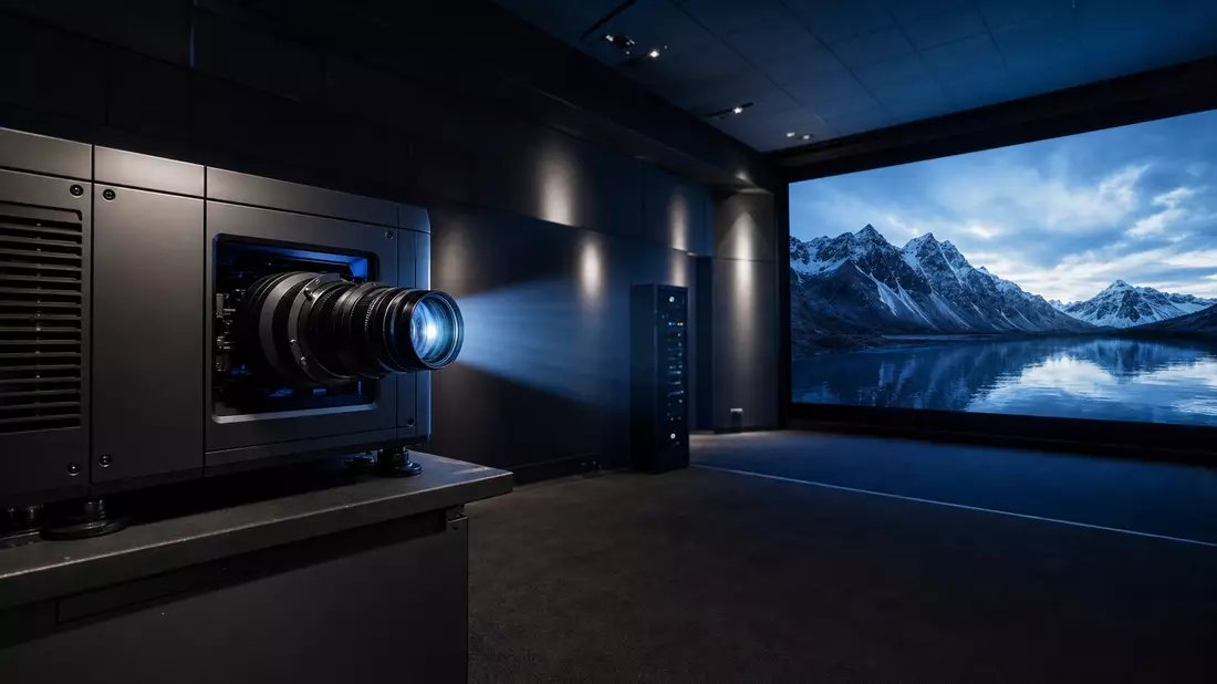 Moderner Kinoprojektor beleuchtet eine Leinwand mit Berglandschaft in dunklem Vorführraum
