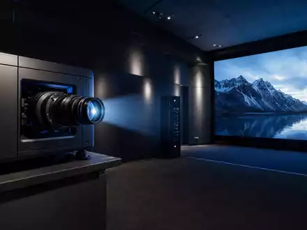 Fotorealistisches Bild eines Kinoprojektors zeigt Visualisierungstechnik von Barco NV, ISIN BE0974362940, im Heimkino - Foto: THN
