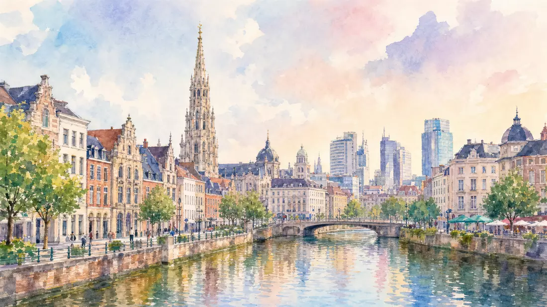 Aquarellbild der Brüsseler Altstadt mit Kanal und moderner Skyline im Hintergrund