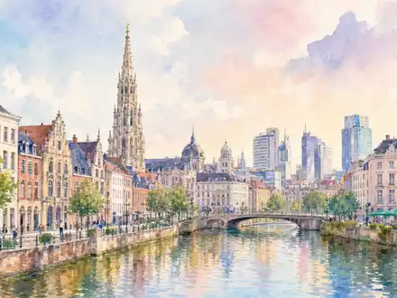 Aquarellmalerei der Brüsseler Skyline symbolisiert den Firmensitz von Barco NV, ISIN BE0974362940, in Belgien - Foto: THN