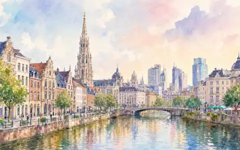Aquarellmalerei der Brüsseler Skyline symbolisiert den Firmensitz von Barco NV, ISIN BE0974362940, in Belgien - Foto: THN