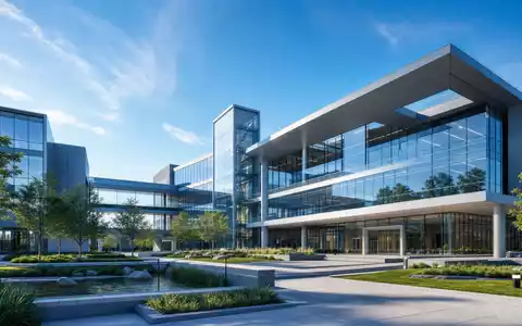 Architektur-Render eines modernen Forschungsgebäudes repräsentiert den Innovationsstandort von Barco NV, ISIN BE0974362940 - Foto: THN