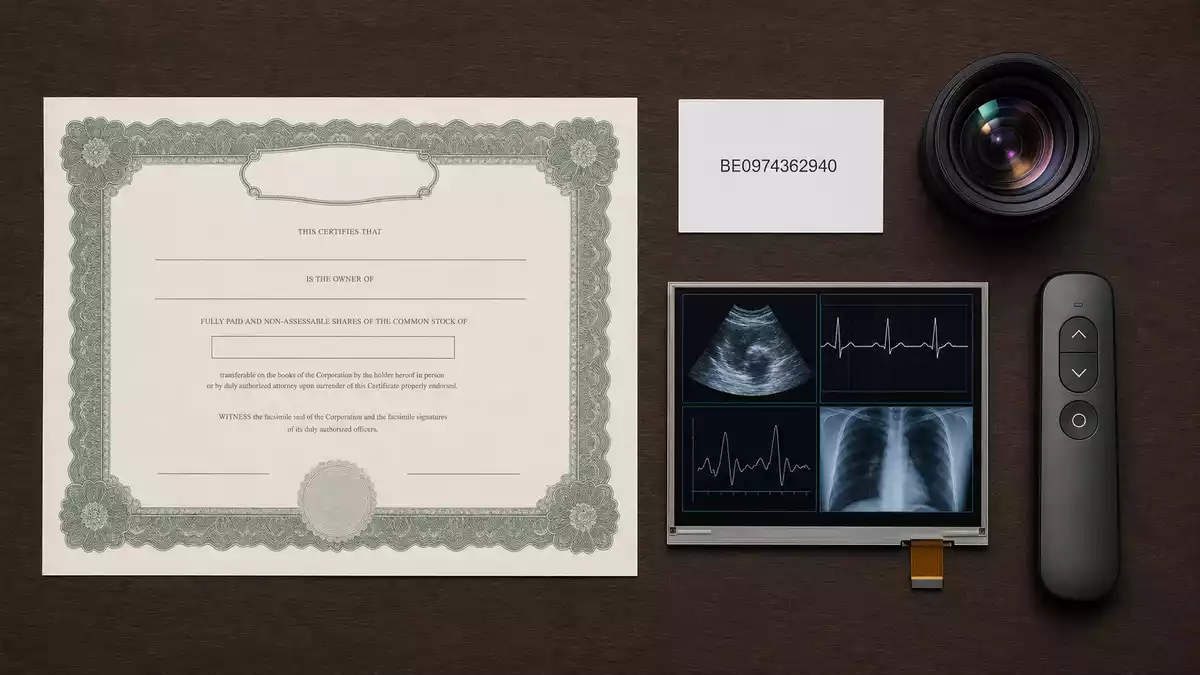 Flatlay mit Aktienzertifikat, ISIN-Karte, Projektorlinse und medizinischem Displaymodul auf Holztisch
