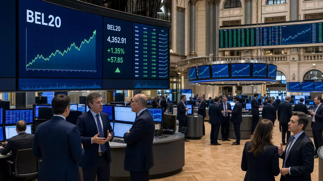 Trader diskutieren vor großen Bildschirmen mit steigendem BEL20-Aktienindex im Handelssaal