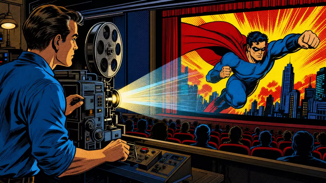 Comicstil-Illustration eines Filmvorführers, der ein Superhelden-Bild auf eine Kinoleinwand projiziert